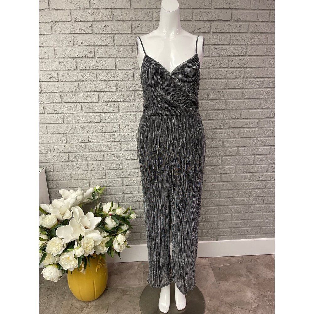 Lush Women Metallic Silver & Black Wide Leg Jumpsuit Size S NWT